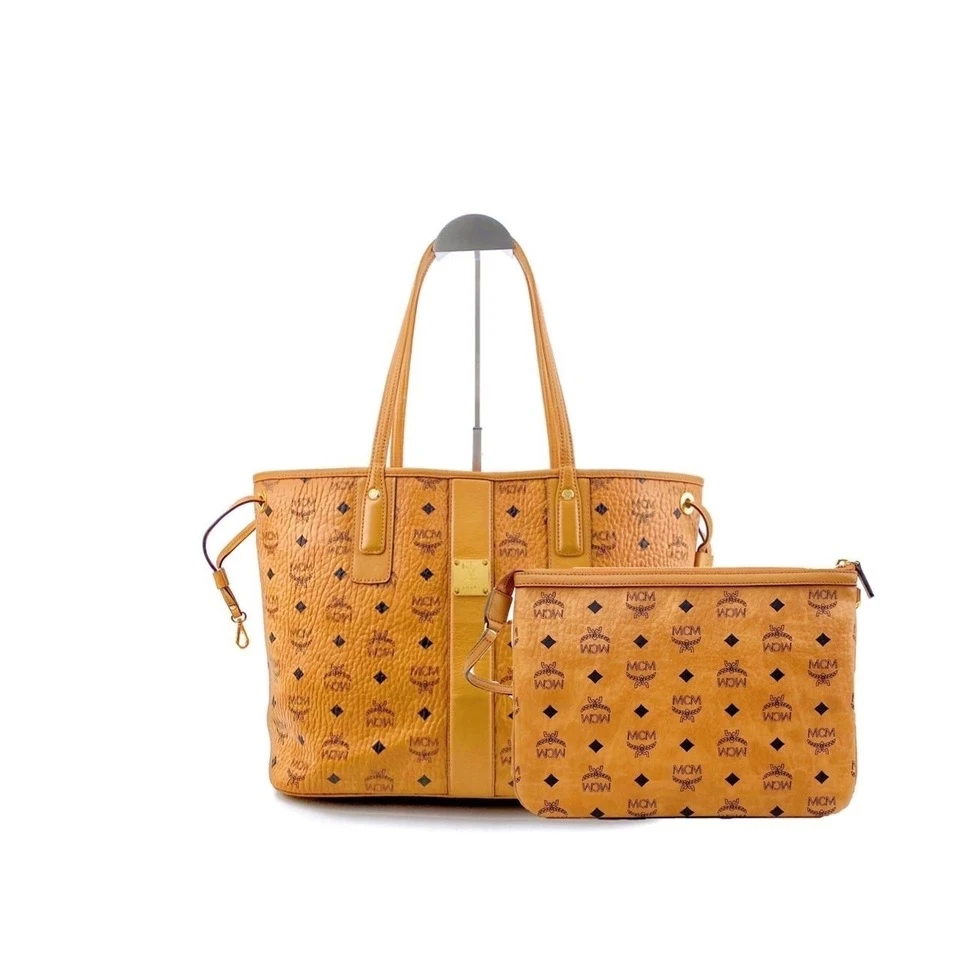 95新 MCM 老花牛皮干邑色金标子母托特包手提包单肩包