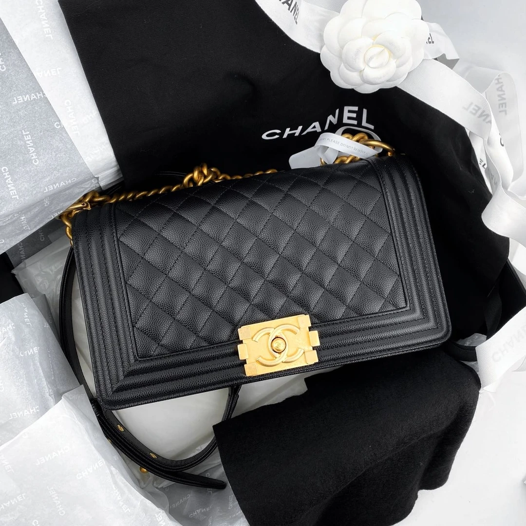 全新未使用 Chanel/香奈儿 荔枝纹芯片款黑色牛皮金标leboy链条包