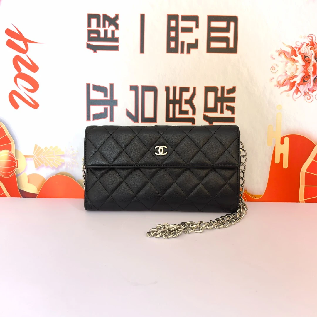 95新 Chanel/香奈儿 黑色银标羊皮菱格长款钱包手拿包