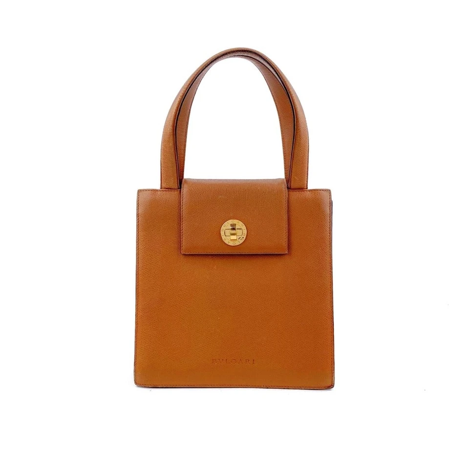 95新 BVLGARI/宝格丽 焦糖色牛皮金扣手提包