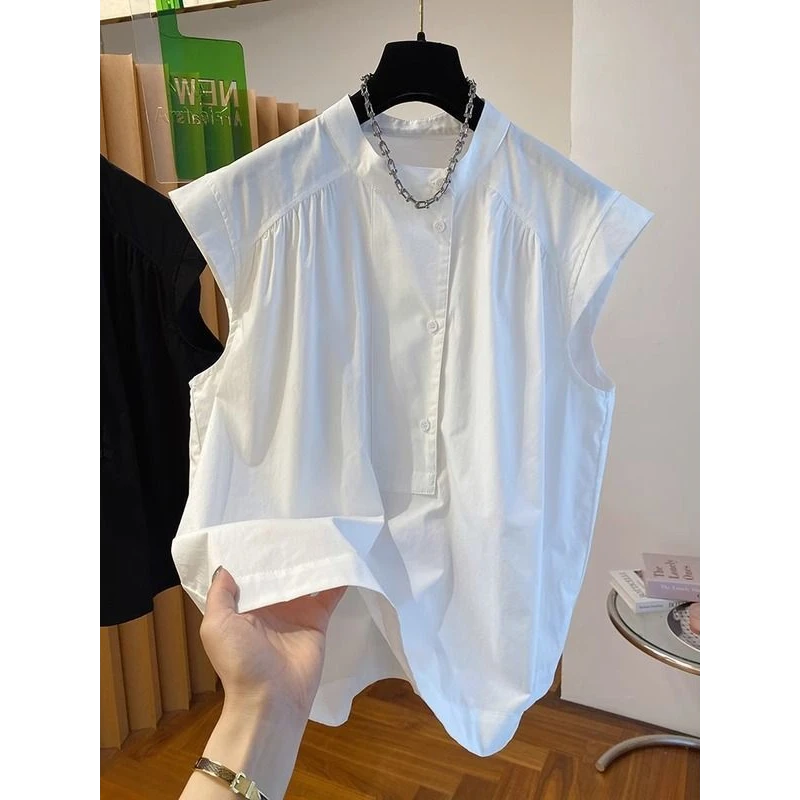 白色圆领无袖雪纺衬衫女夏季宽松独特流行飞飞袖小衫上衣大码胖mm