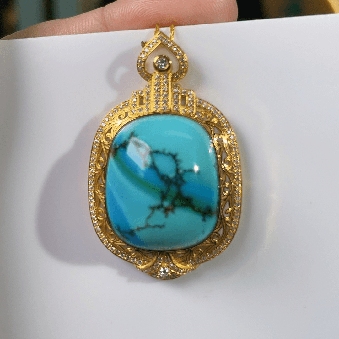 绿松石珠宝奇石18K金镶嵌柠*@