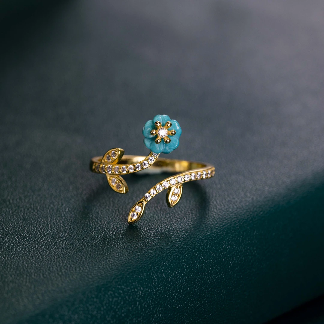 925银戒指 S925银镀金镶嵌桃花设计款轻奢时尚戒指女戒618好物节