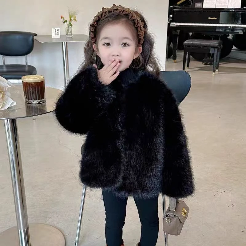 女童毛毛外套洋气时髦秋冬加厚保暖黑色中小童毛绒上衣宝宝大衣潮