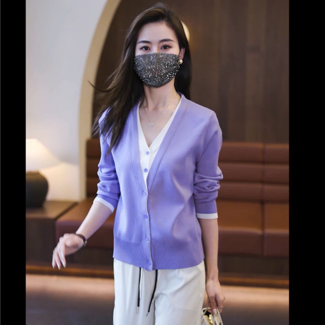 2023新款韩版显瘦V领假两件洋气针织衫春季时尚百搭小香风上衣女