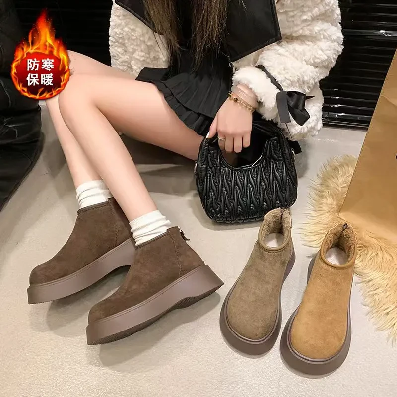 加绒后拉链保暖女棉靴2024冬季新款百搭女短靴子厚底勃肯鞋一脚蹬