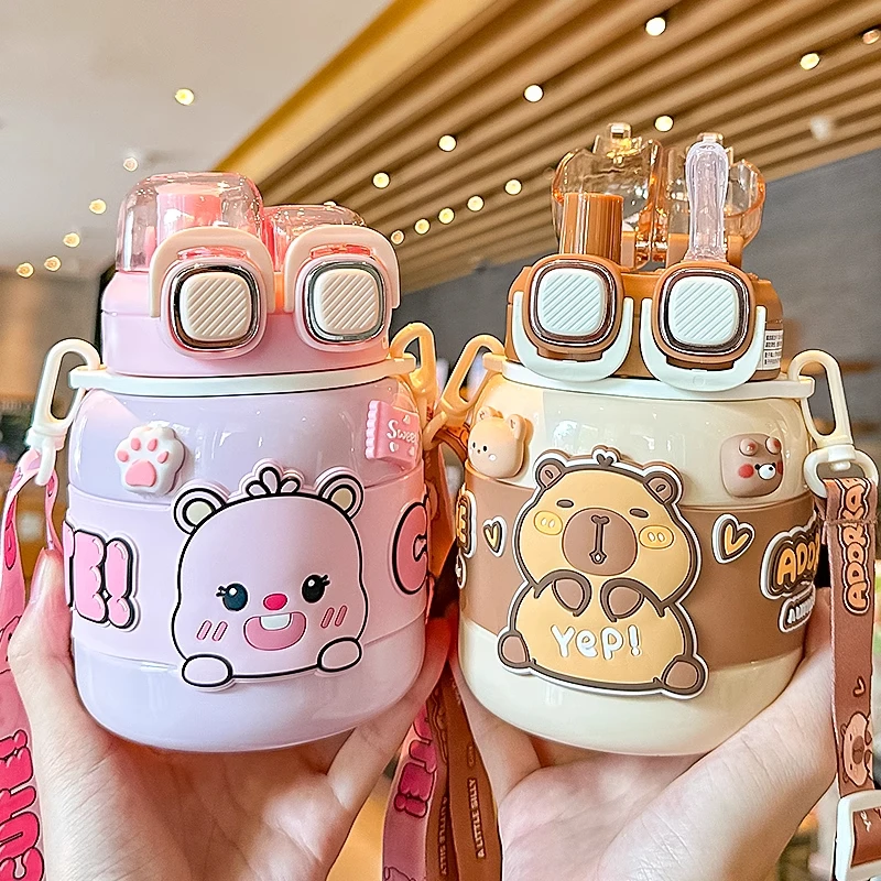 卡皮巴拉儿童保温杯大容量可爱女孩便携水杯小学生上学专用大肚杯