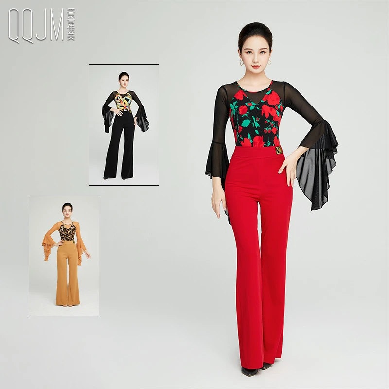 箐箐佳美2024新款摩登服装套装波点圆领连体豹纹华尔兹比赛演出服