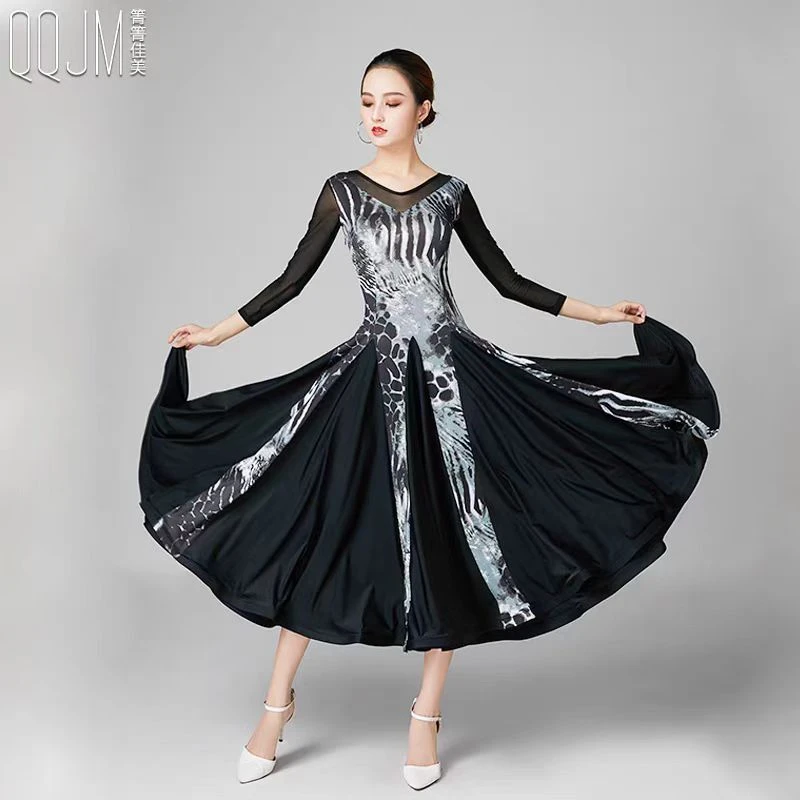 箐箐佳美摩登舞连衣裙华尔兹广场舞舞服新款演出服豹纹弹力大裙摆
