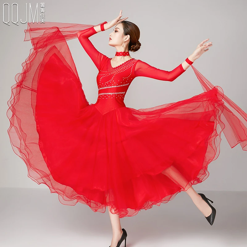 箐箐佳美摩登舞裙修身连衣裙2022新款演出服弹性大摆纱边设计舞裙