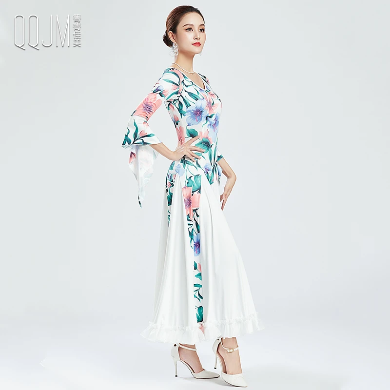 箐箐佳美新款摩登舞裙印花连衣复古气质裙子牛奶丝弹力华尔兹舞服