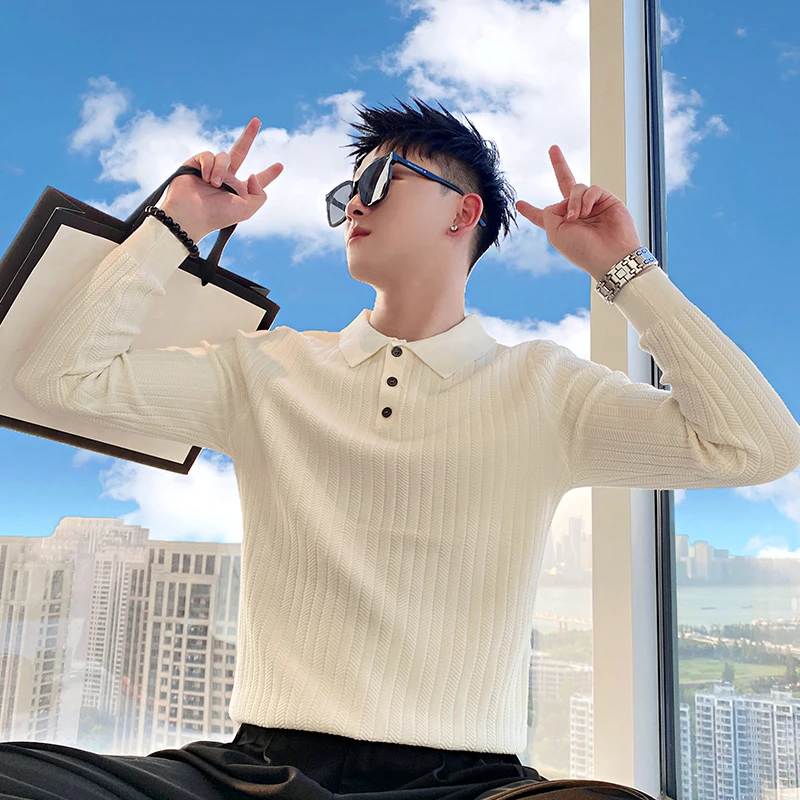 秋社会小伙提花肌理感内搭保暖polo毛衫毛衣男百搭潮流修身翻领