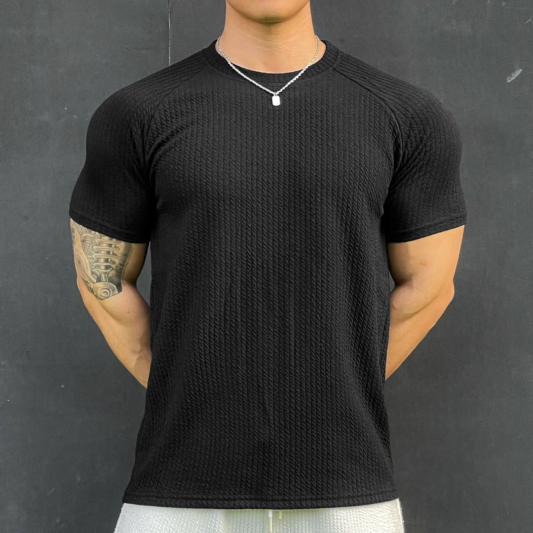 夏季男士健身潮牌短袖重磅肌肉纹理透气运动速干高弹圆领修身T恤