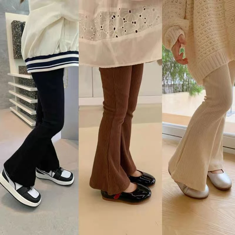 【花若烟】儿童喇叭裤黑色春夏儿童微喇叭裤女冰丝坑条弹力洋气女