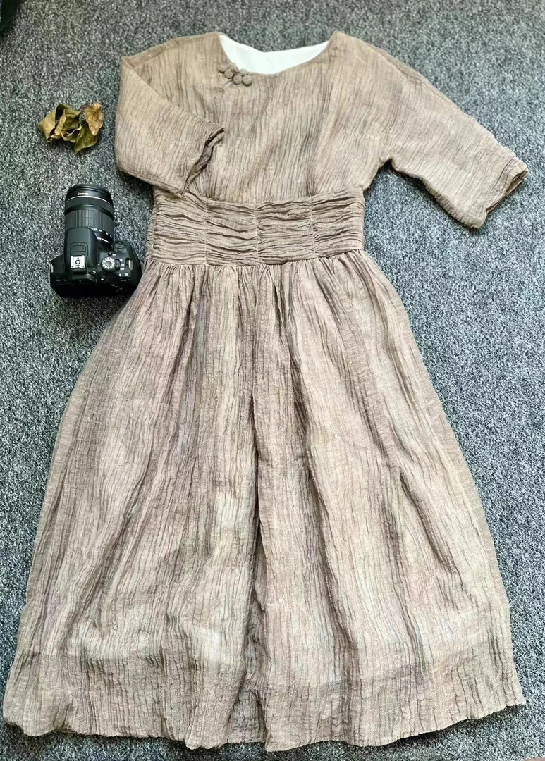 亚麻连衣裙连衣裙夏季女装连衣裙夏款气质收腰亚麻裙子裙子短袖