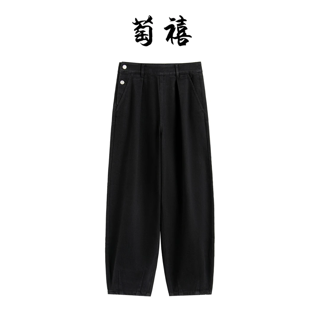 【萄禧-老爹裤】重工设计侧腰扣纯色直筒牛仔长裤