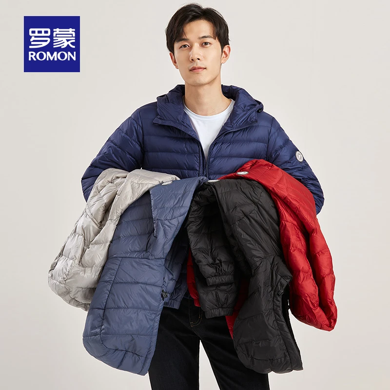 Romon/罗蒙冬季保暖新款立领连帽时尚短款白鸭绒轻薄户外男士外套