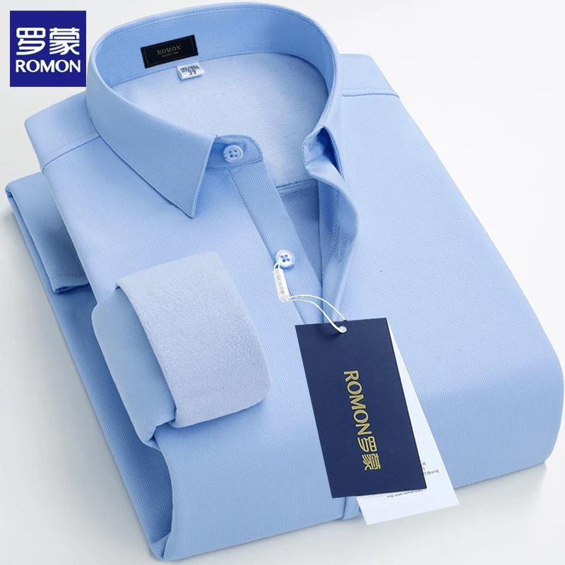 罗蒙秋冬高级感上档次大码男士加绒长袖保暖高档衬衫新款工装衬衣