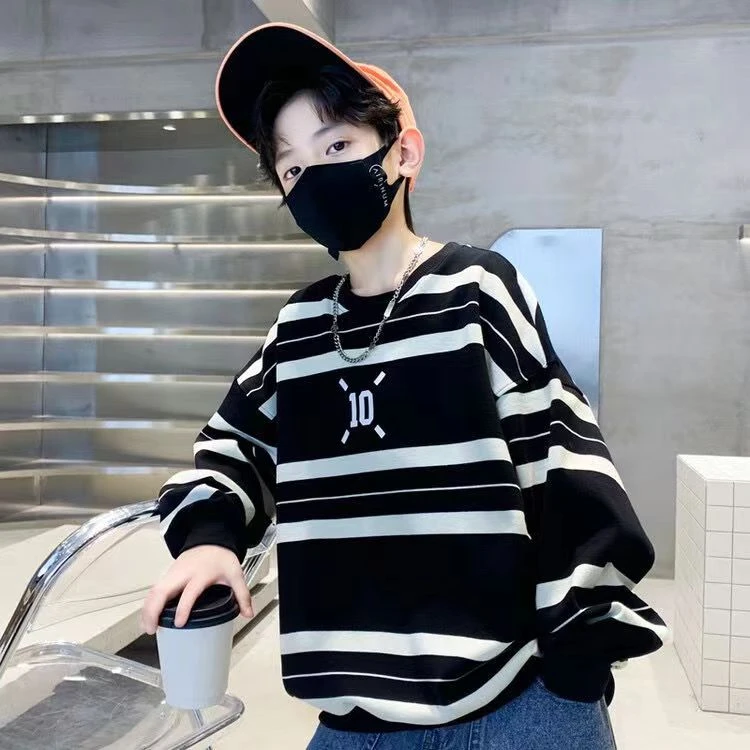 男童条纹卫衣春秋新款长袖韩版中大童百搭宽松男孩嘻哈风格洋气