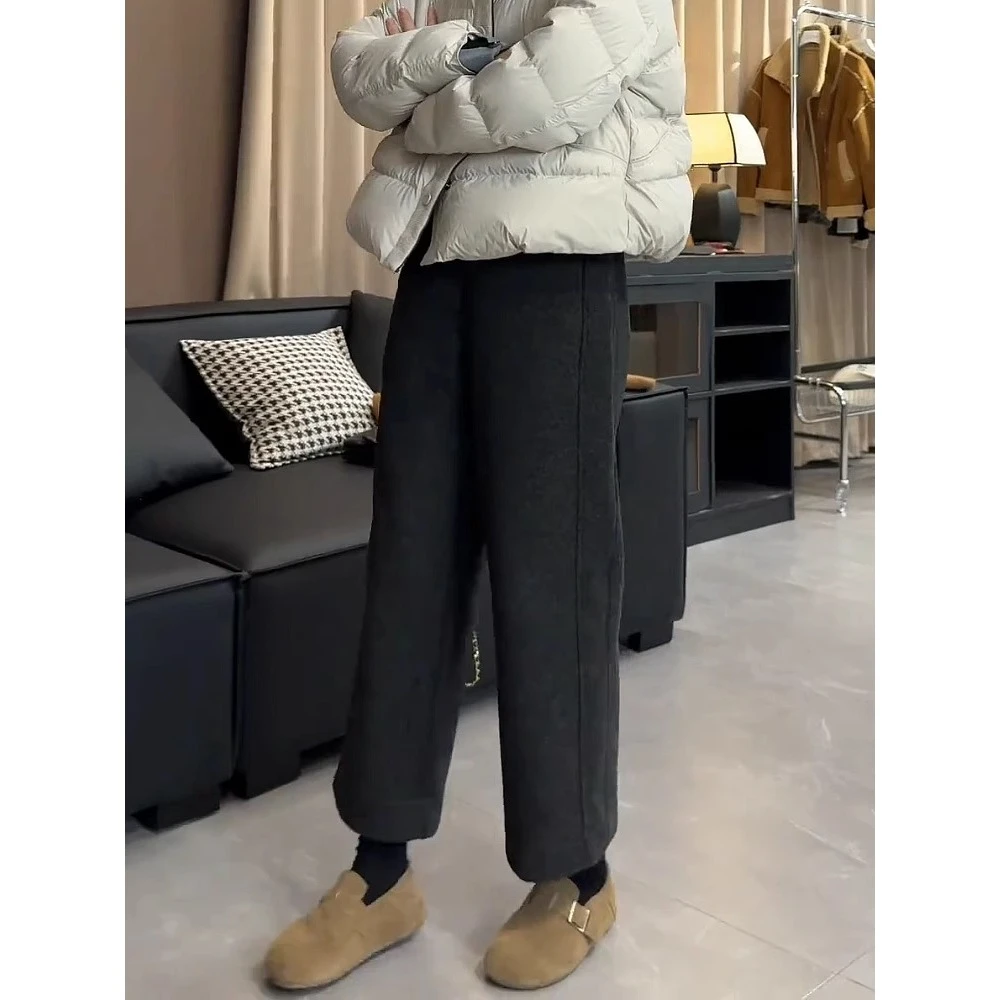 日系深灰色高腰宽松显瘦毛呢休闲裤女秋冬小个子直筒阔腿九分裤子