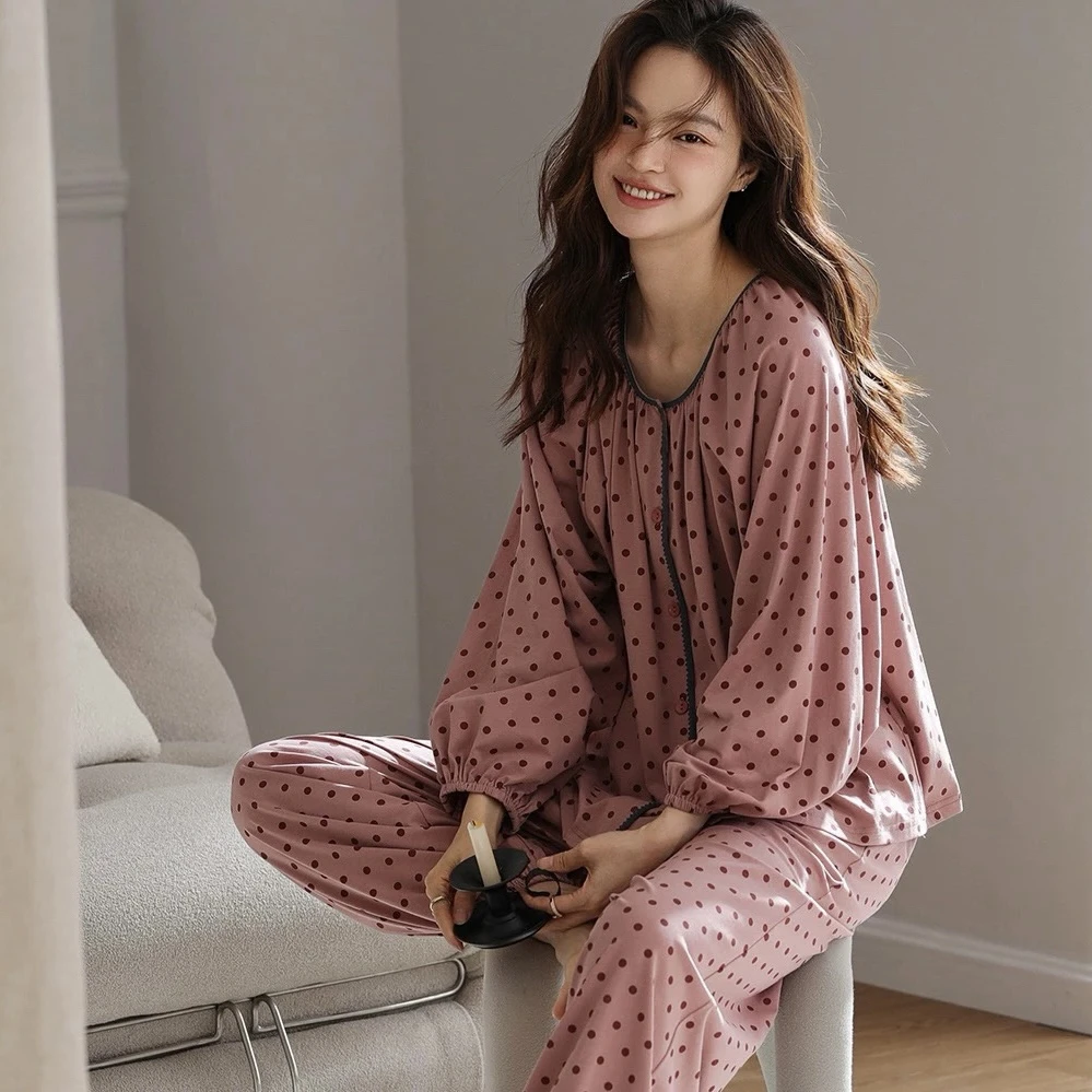 甜美风波点开衫睡衣女春秋季新款长袖长裤家居服可外穿高级感套装