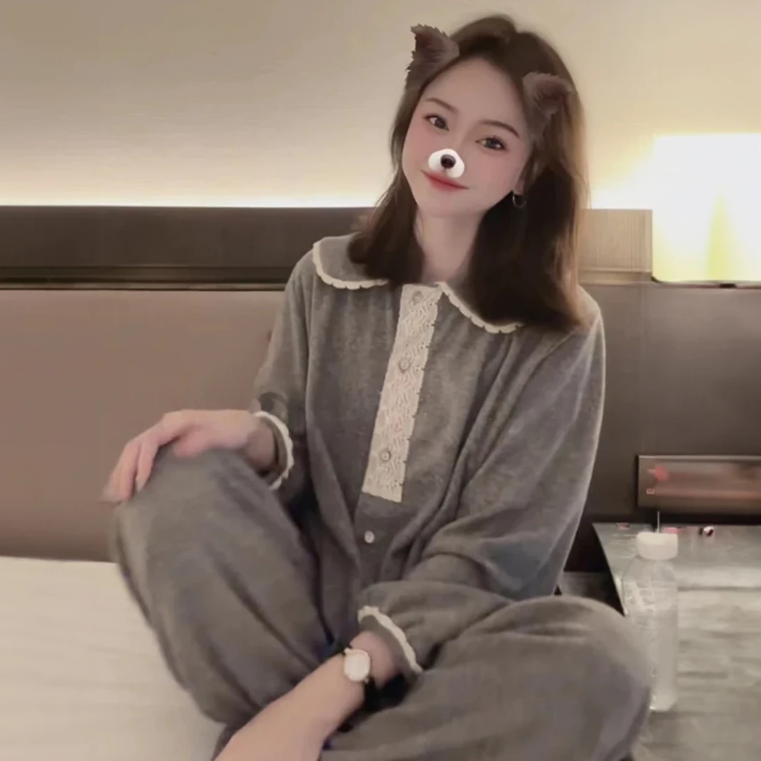 纯棉睡衣女春秋季新款显瘦时尚宽松大码长袖韩版家居服套装秋冬