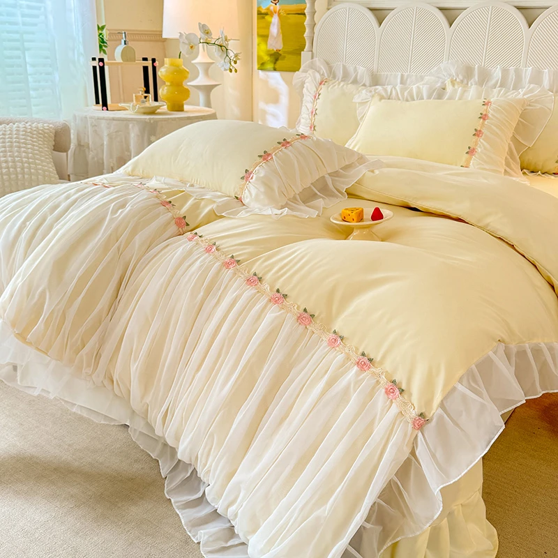 公主风浪漫花边四件套黄色被套床单床盖加厚夹棉少女心床上三件套