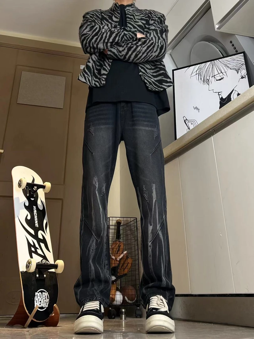 美式高街男士秋季新款牛仔裤修身时尚微喇裤百搭舒适休闲痞帅长裤