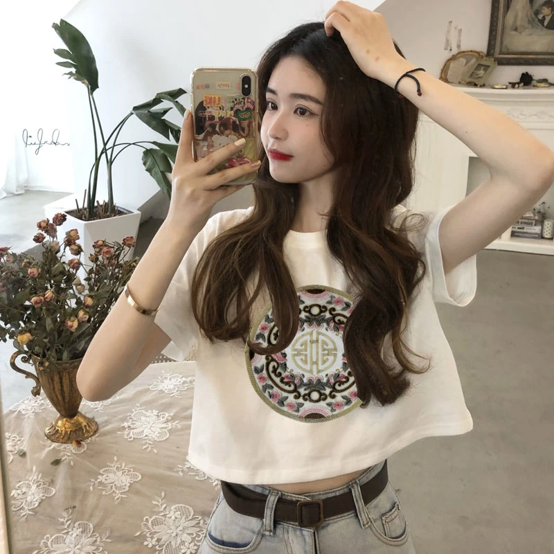 2024夏季新款时尚中国风短款上衣小个子高腰宽松新中式短袖t恤女
