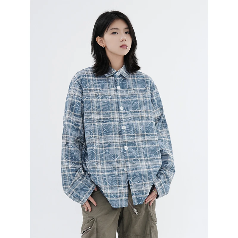 川川也CCYE美式复古格子衬衫男女宽松休闲长袖情侣外套春秋格纹