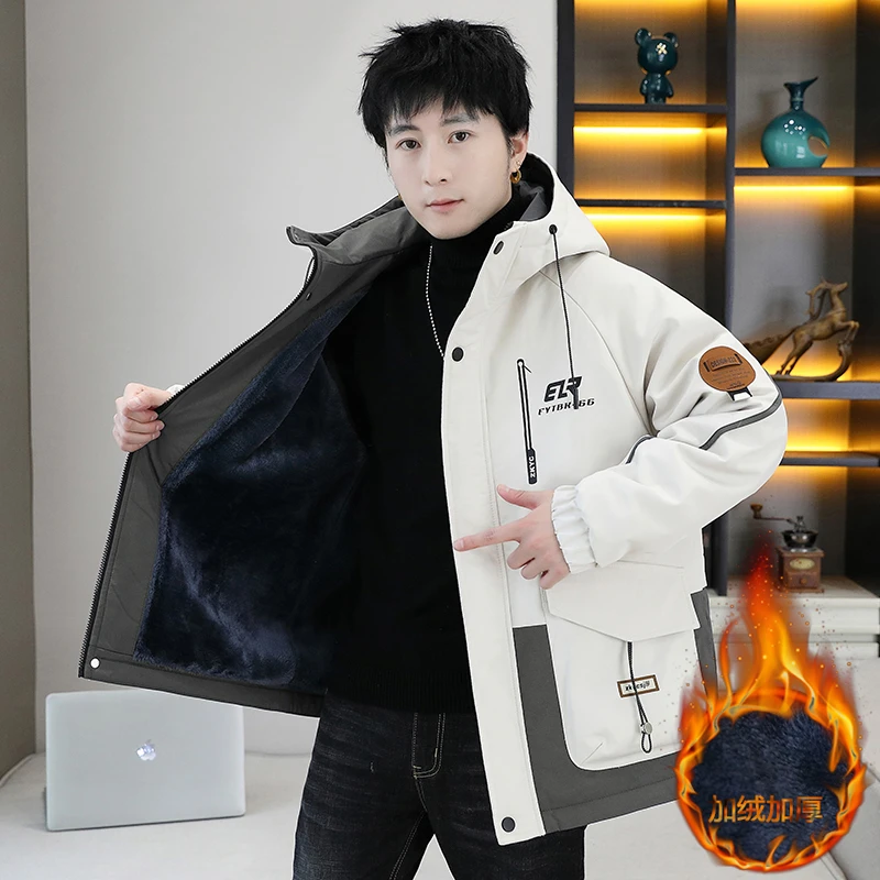 连帽外套男秋冬季加绒加厚撞色工装夹克男士潮牌青少年休闲冲锋衣