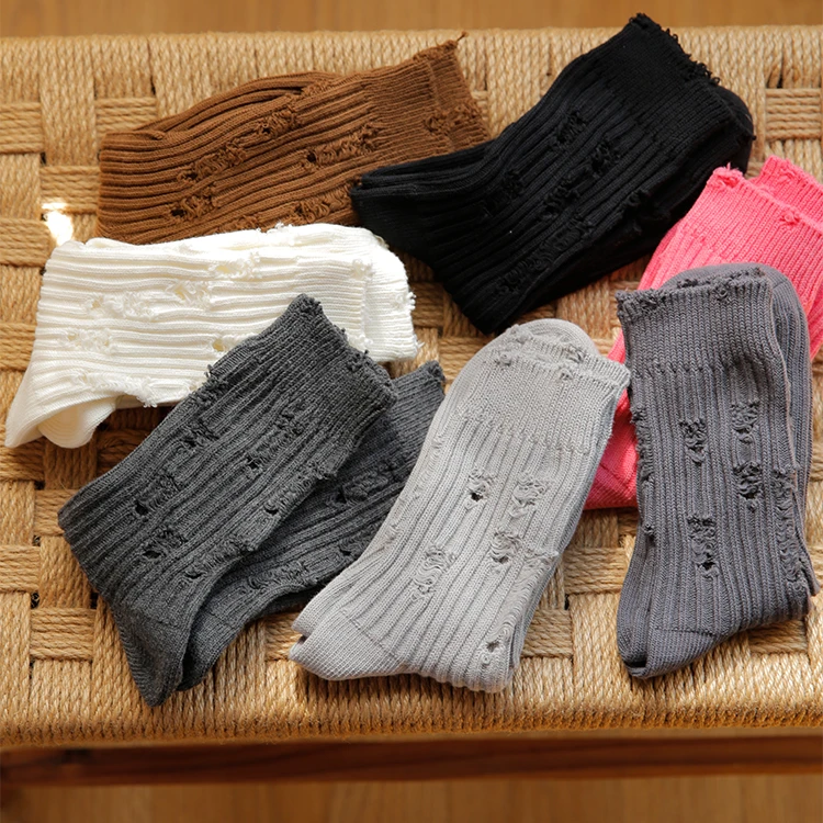 靴下物3双中筒洞洞袜破洞乞丐堆堆袜女袜纯色春秋百搭ins棉袜袜子