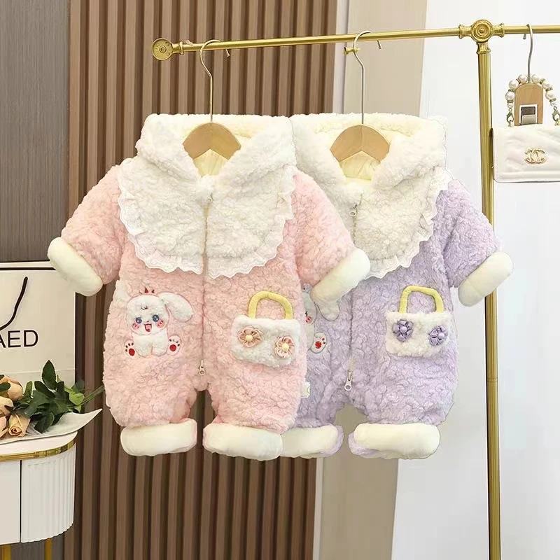 2200726冬季新款婴幼儿加厚可爱萌兔女宝保暖加绒厚棉连帽外出服