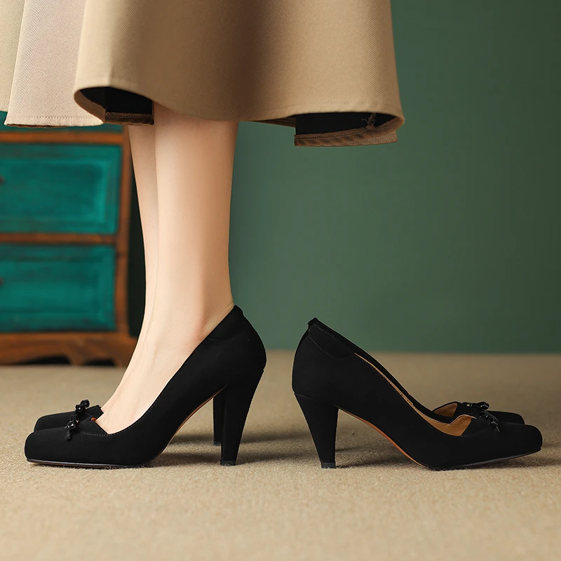 复古单鞋新娘法式真皮红色气质圆头蝴蝶结高跟鞋大小码女鞋33-41