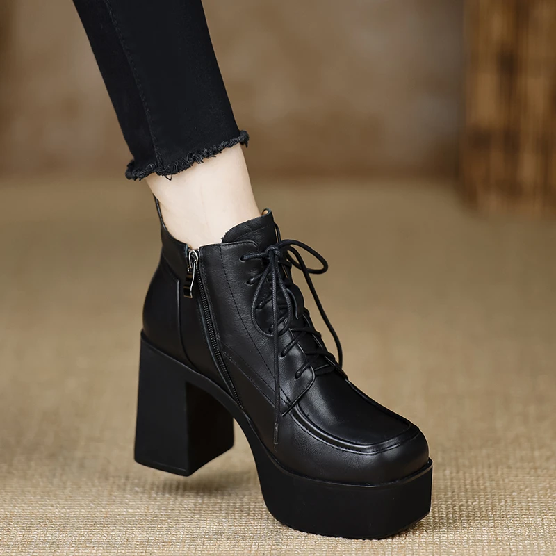 小个子手工女鞋9.5cm~防水台新款短靴增高高跟鞋系带圆头黑色牛皮