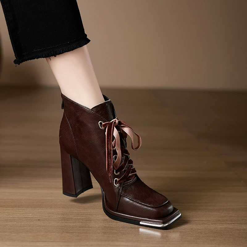 小个子手工女鞋9.5cm~英伦风粗跟方头短靴踝靴2025流行马毛马丁靴