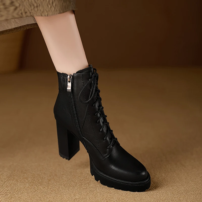 小个子手工女鞋9.8cm~圆头系带马丁靴女超高跟真皮防水台粗跟短靴