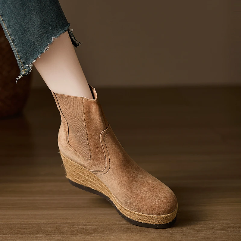 小个子手工女鞋7cm~时尚百搭厚底坡跟短靴女草编复古马丁靴杏色