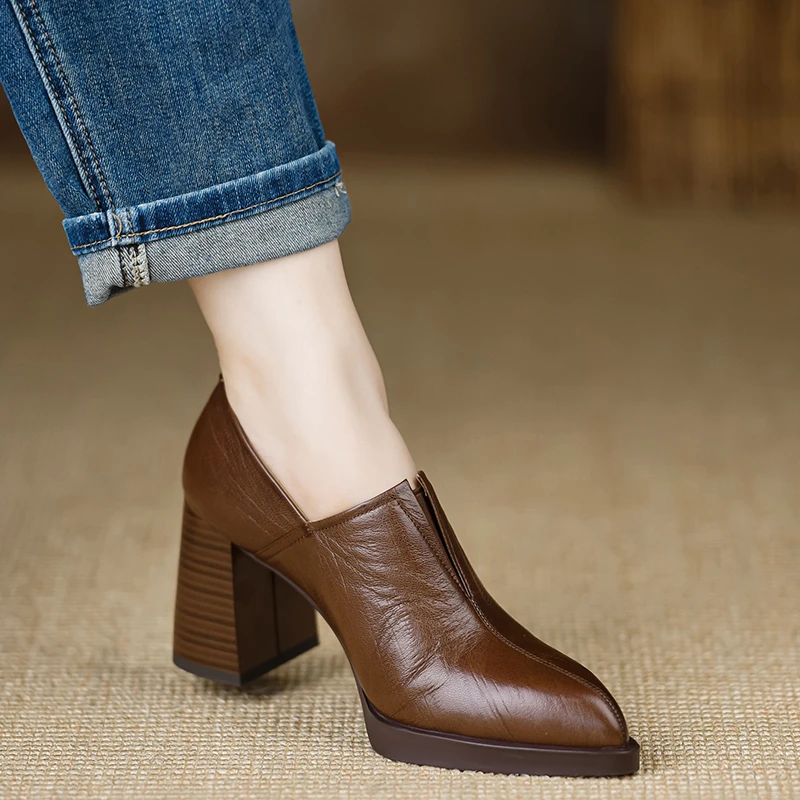 小个子手工女鞋7.7cm~女高跟单鞋2024新款松紧带防水台羊皮深棕色