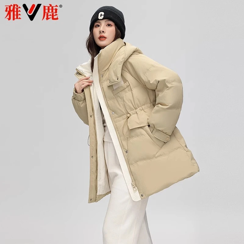 雅鹿2024新款羽绒服女中长款时尚休闲连帽韩版收腰显瘦减龄外套潮