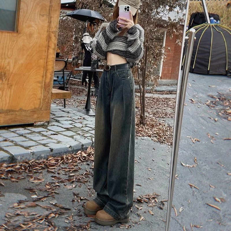 加绒高腰阔腿牛仔裤女2023秋冬季新款褶皱设计感宽松直筒拖地裤子