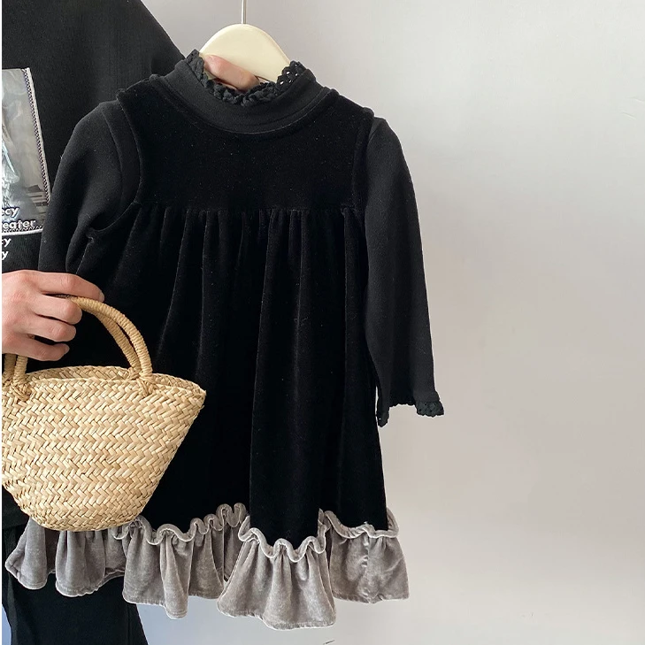 韩国女童连衣裙2024秋冬款宝宝法式气质加绒丝绒背心裙花边鱼尾裙