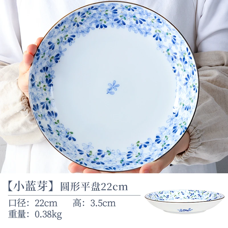 【单支】日本进口美浓烧小蓝芽/线唐草平盘22cm