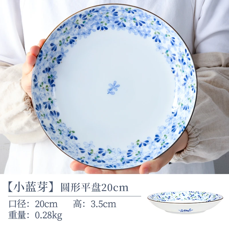 【2支】日本进口美浓烧小蓝芽/线唐草平盘20cm