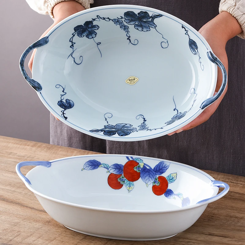 【单支】日本进口有田烧双耳椭圆大钵（含双耳）31cm*19.2cm