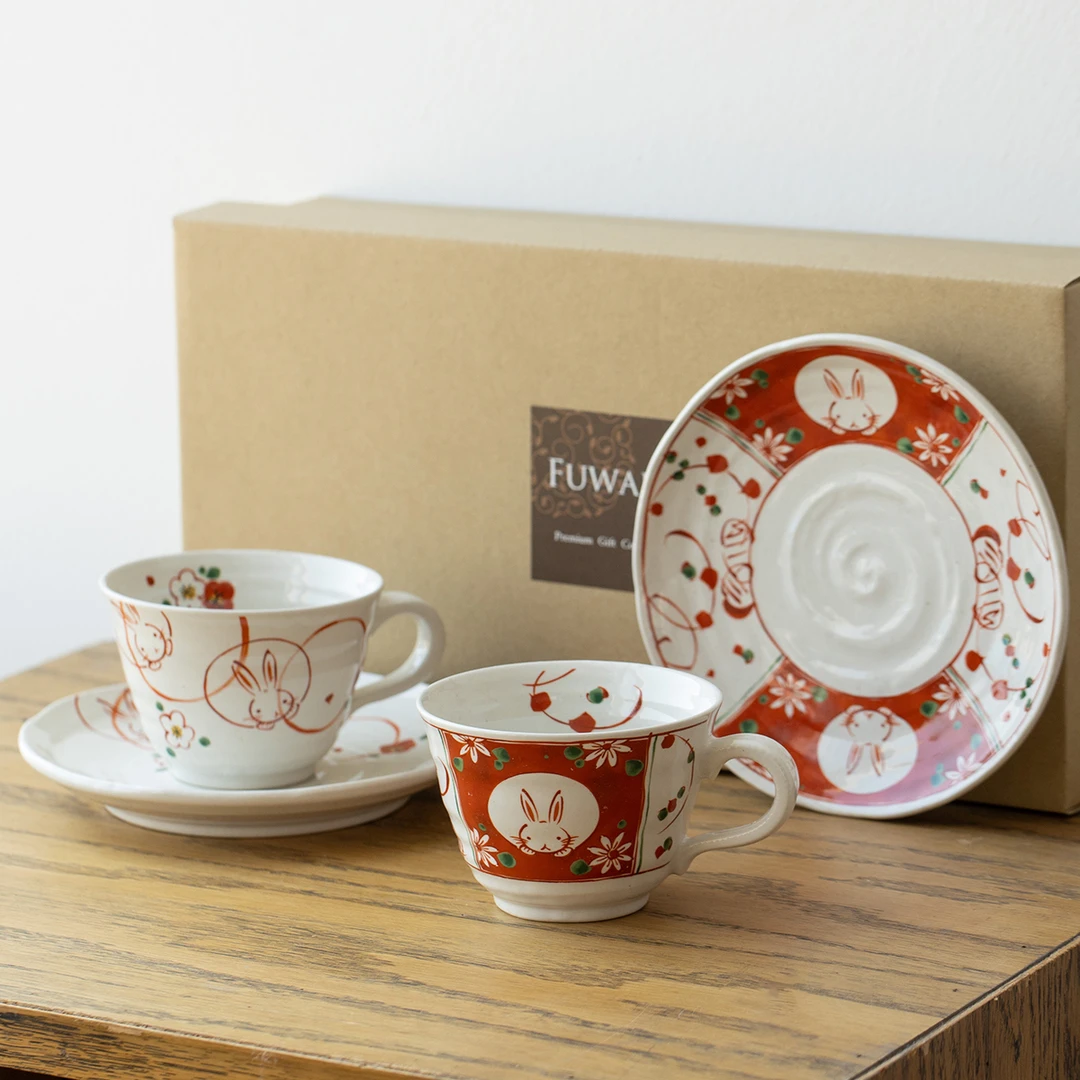 清仓【2件套】日本进口Bloom赤绘樱花兔带碟咖啡杯（200ml）