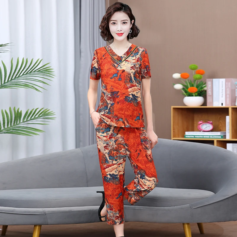 2035中老年妈妈装2023年夏季新款休闲套装短袖七分裤显瘦洋气透气
