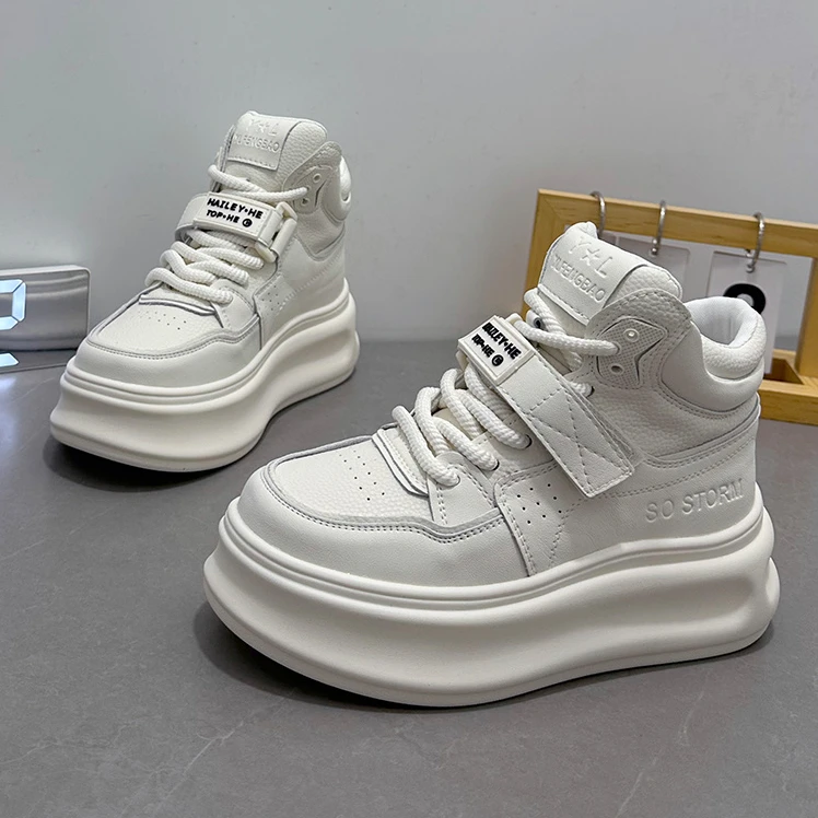 万达撤柜头层牛皮高帮小白鞋2025春季季显瘦棉鞋厚底运动休闲板鞋