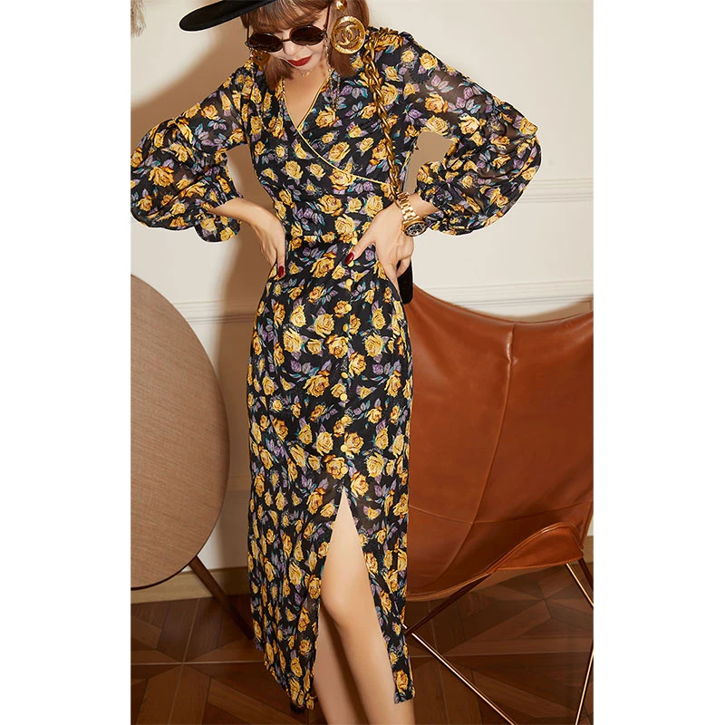 /法式秋装新品  长袖印花法式高腰显瘦连衣裙   69809