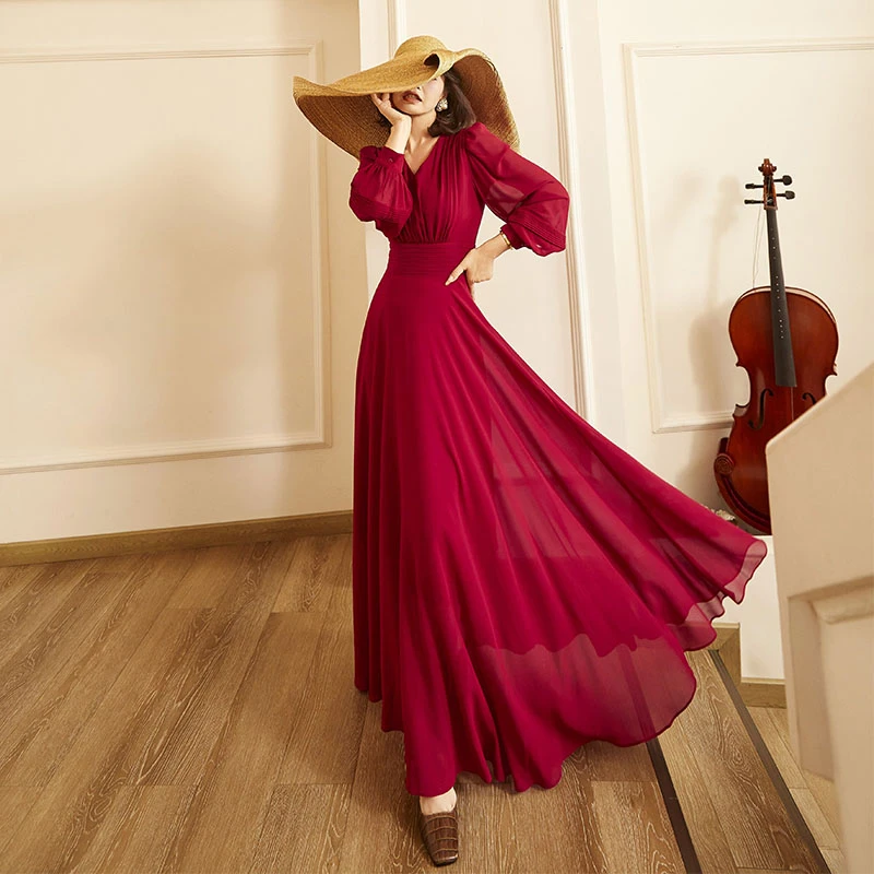 法式浪漫紫色高腰大摆度假裙飘逸V领长裙优雅气质连衣裙72060